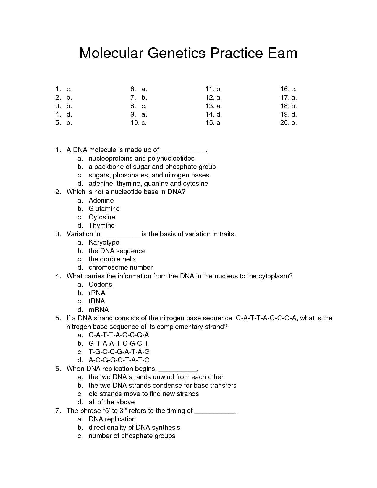 molecular biology exam questions and answers