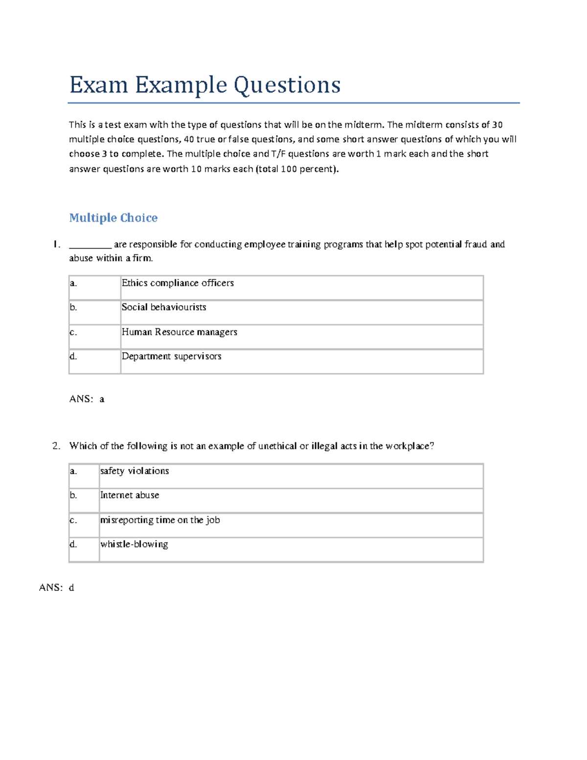 business administration exam questions and answers