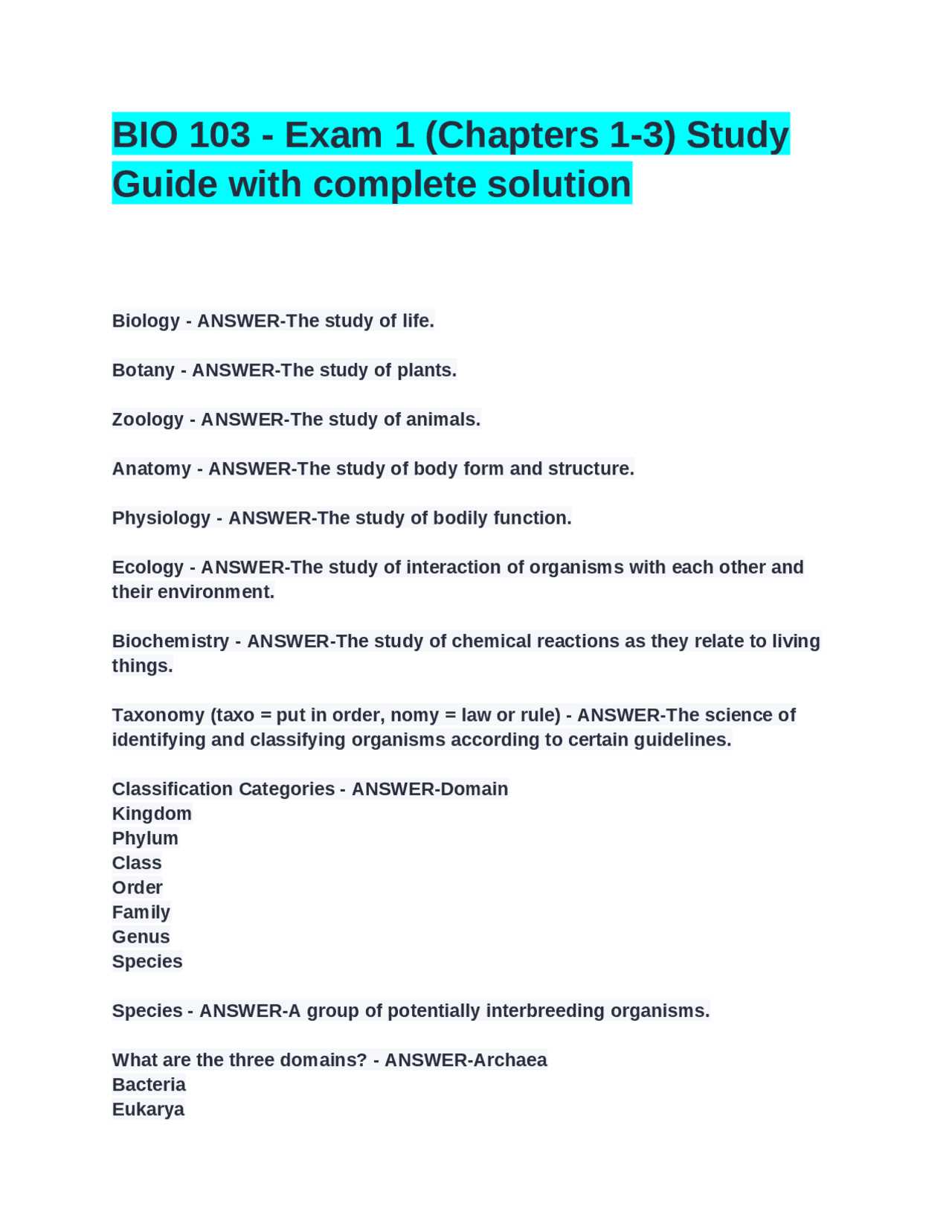 biology a final exam study guide answers