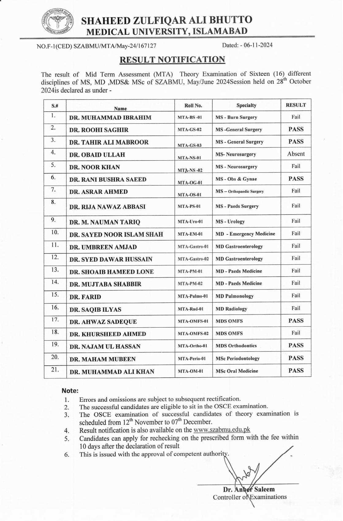 mta exams results