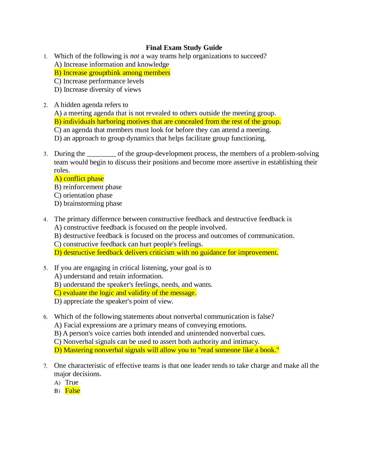 cumulative exam answer key