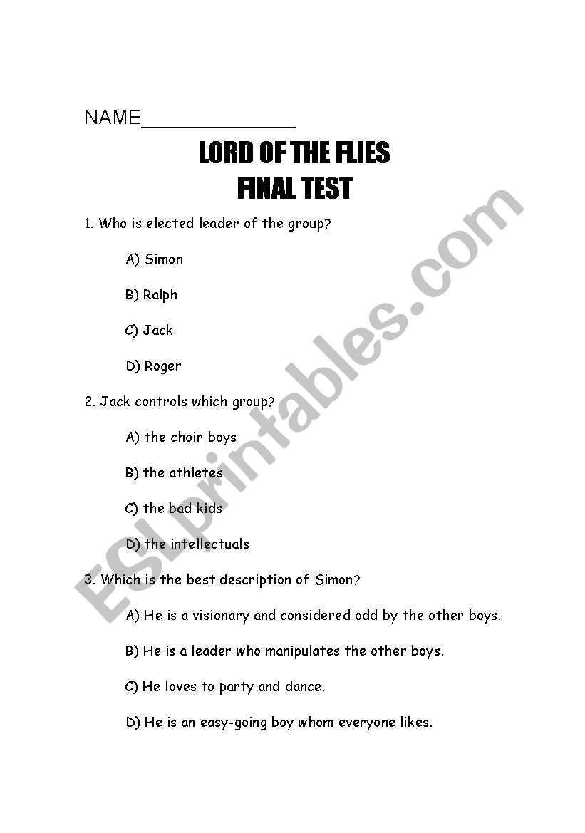 lord of the flies test and answer key