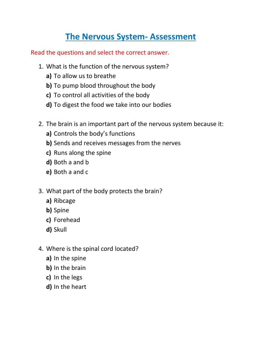 nervous system exam questions