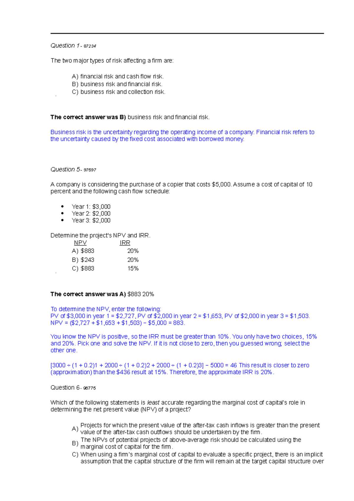 net present value exam questions and answers