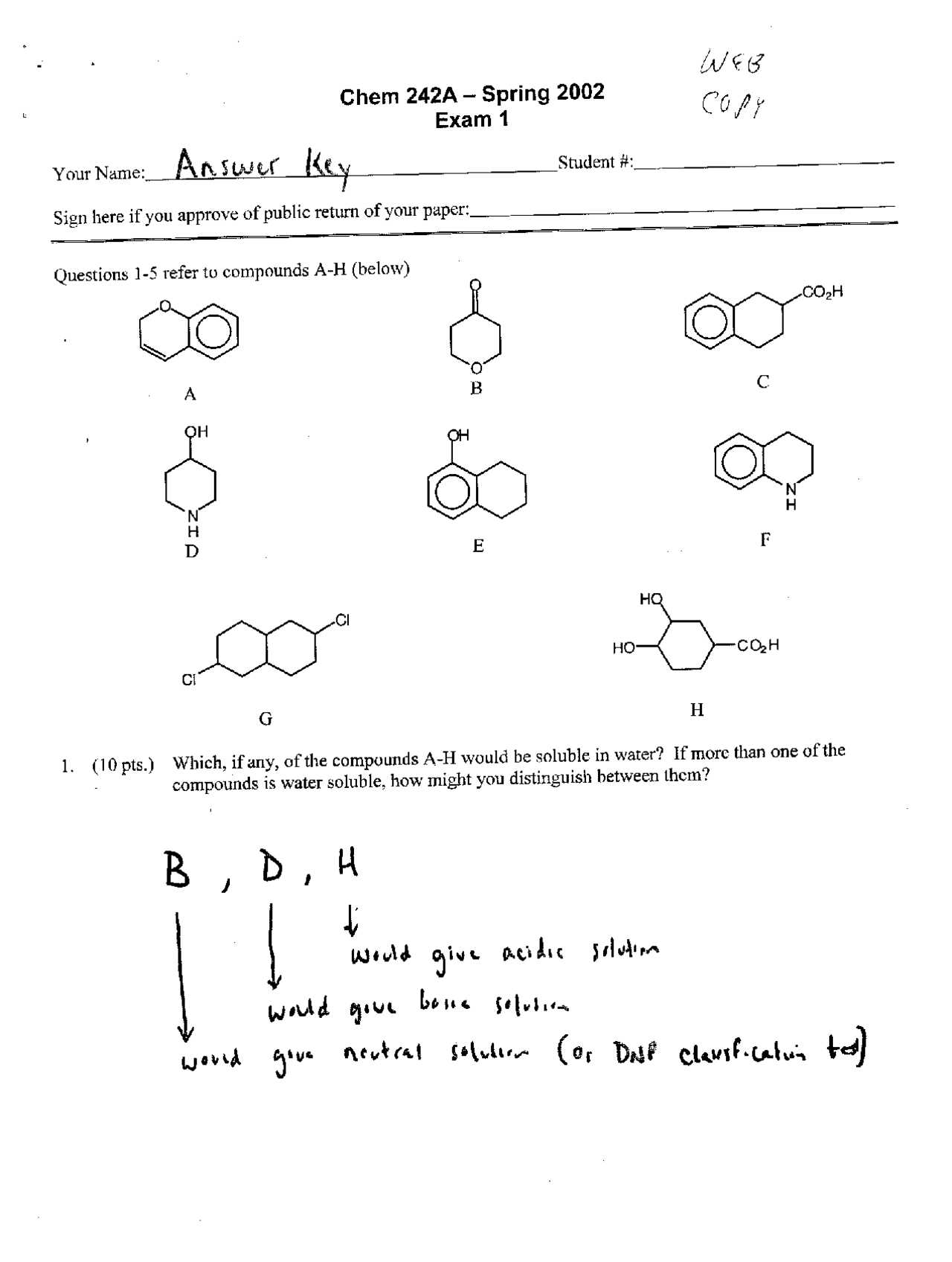 organic chemistry 1 final exam with answers