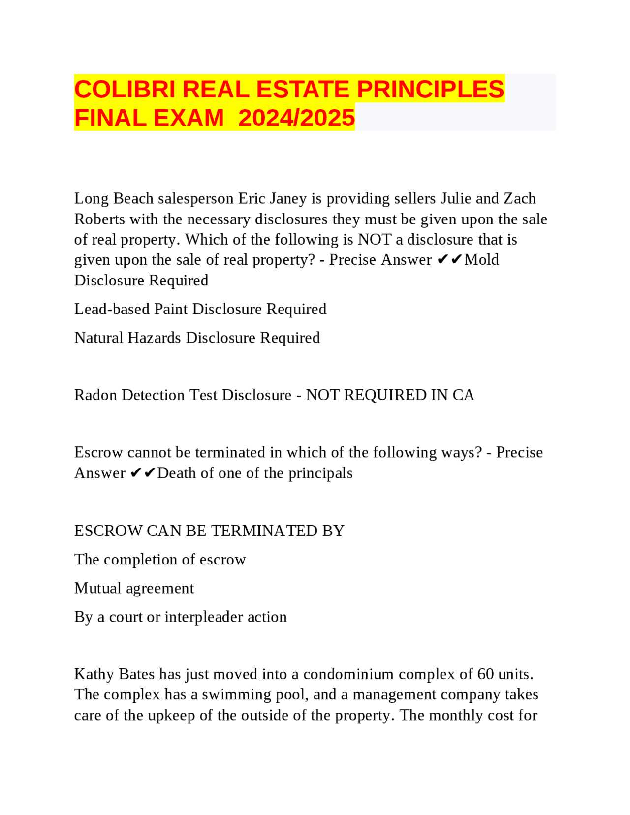 real estate principles final exam answers