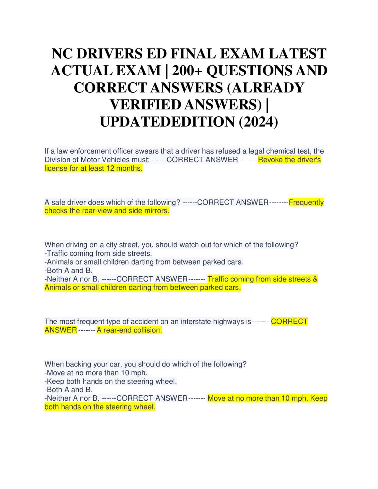 nhsa drivers ed final exam answers