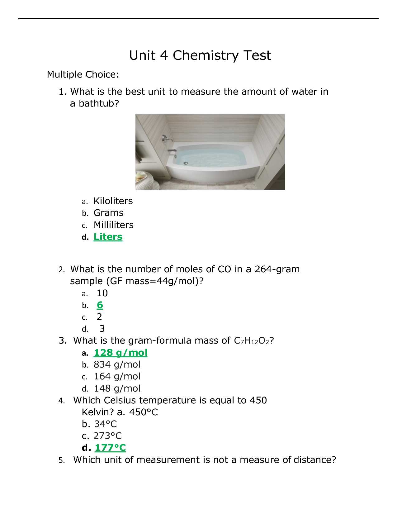 chemistry unit 5 test answers