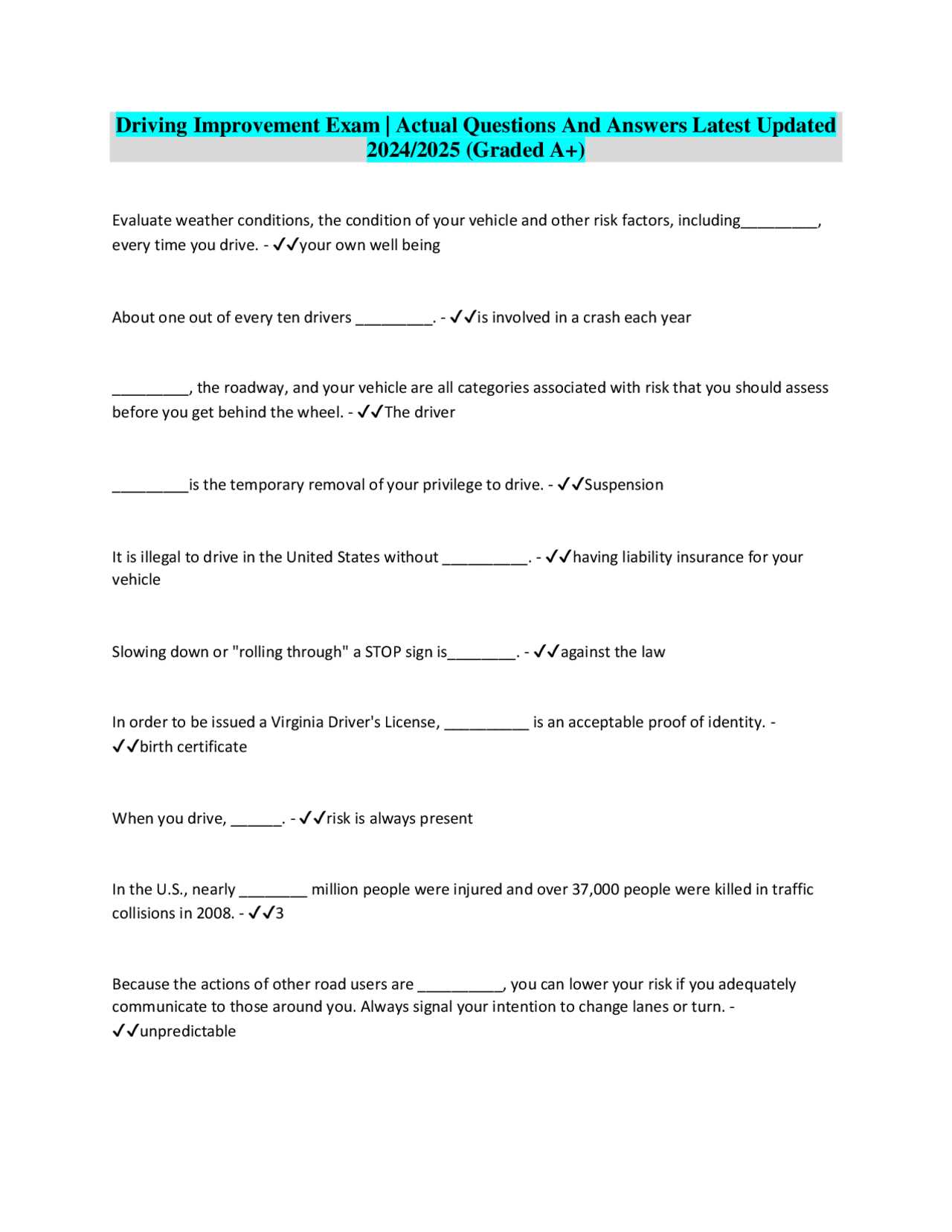 virginia driver improvement final exam answers