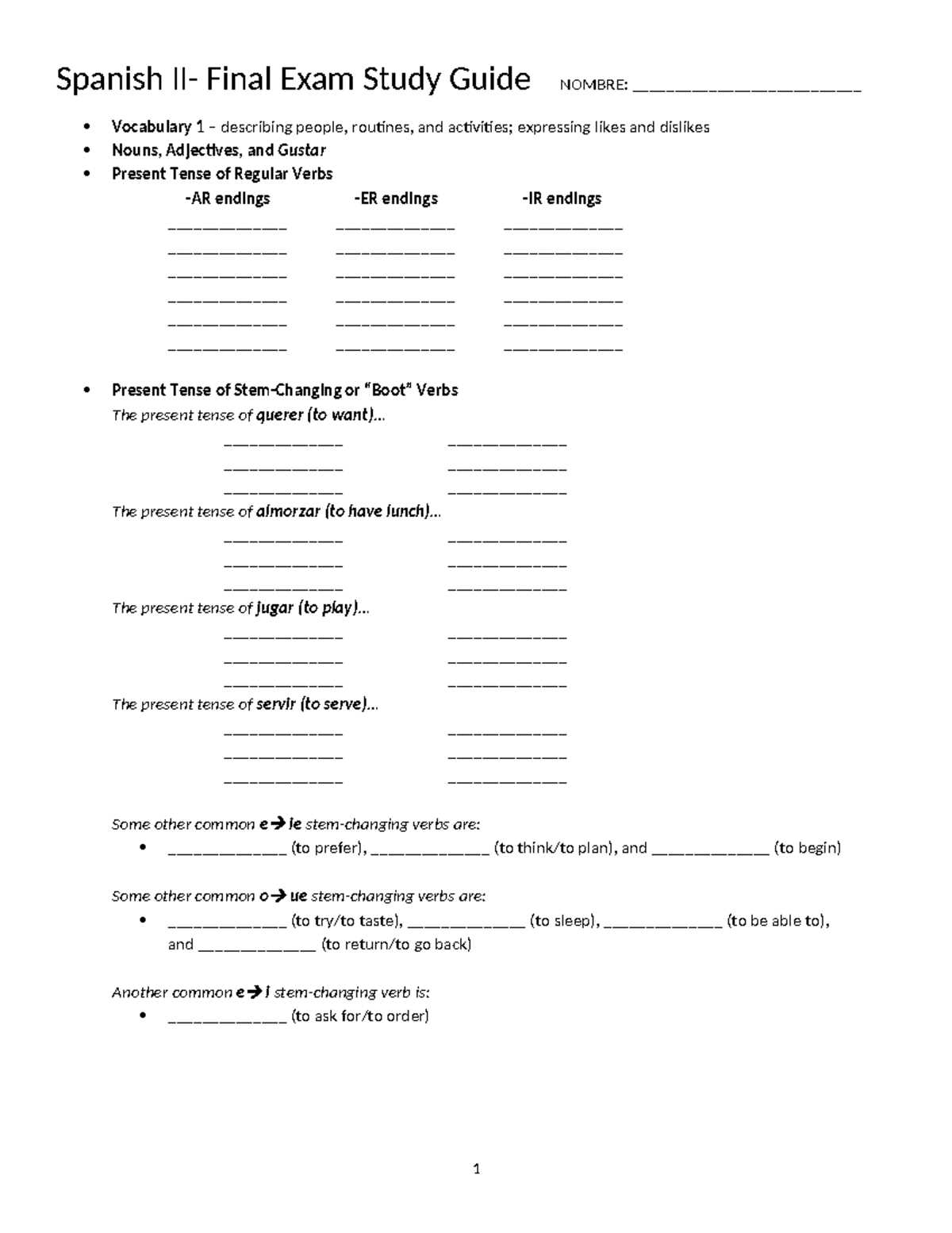 spanish 2 semester 1 exam review