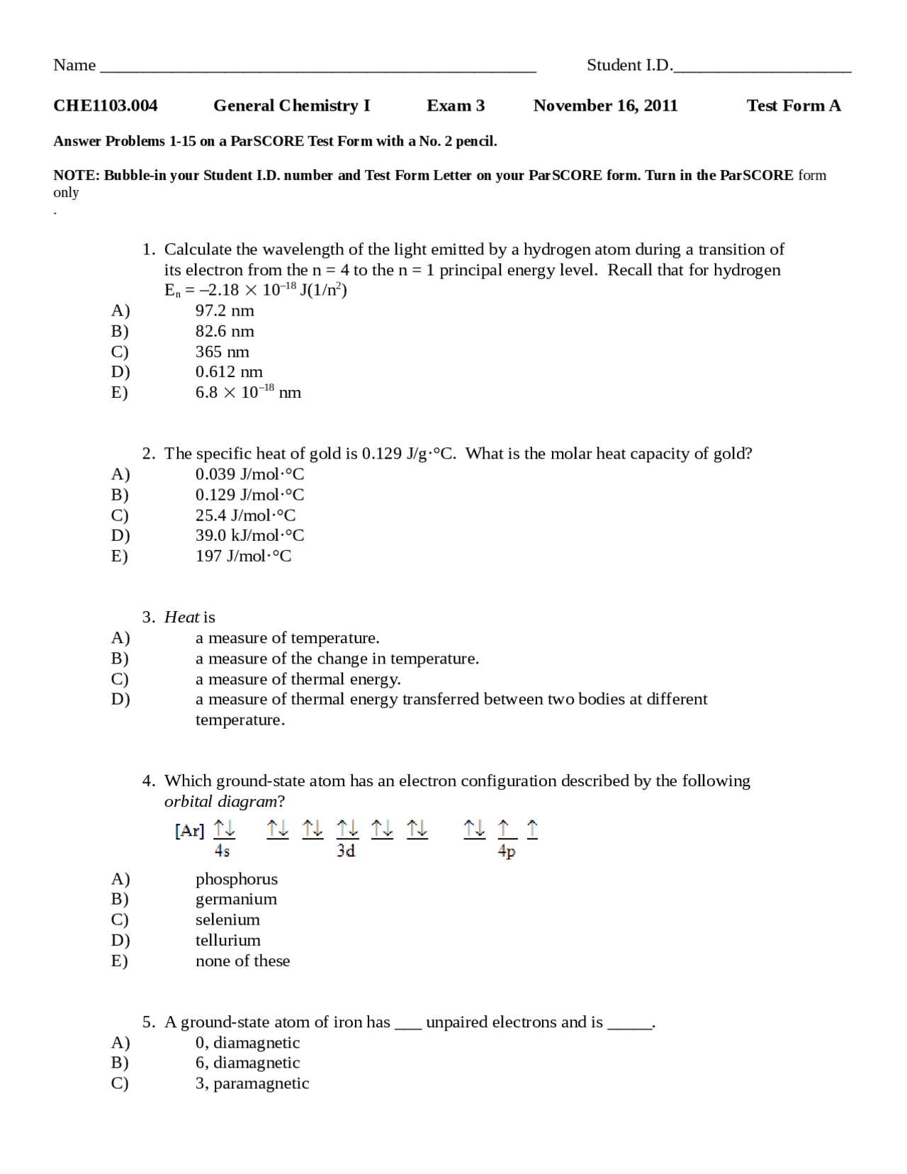 general chemistry final exam with answers