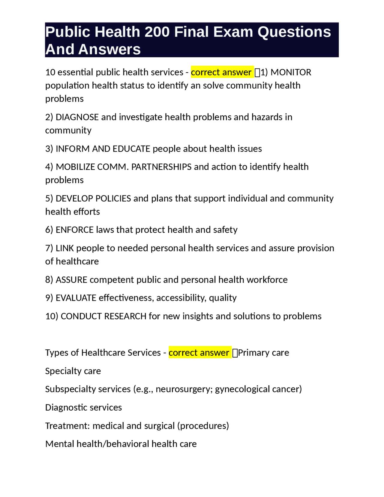 public health exam questions and answers