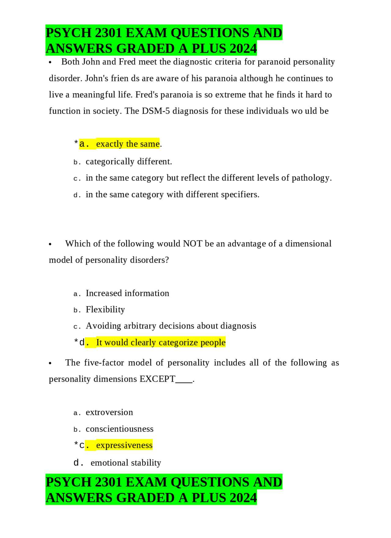 general psychology 2301 exam 1 answers