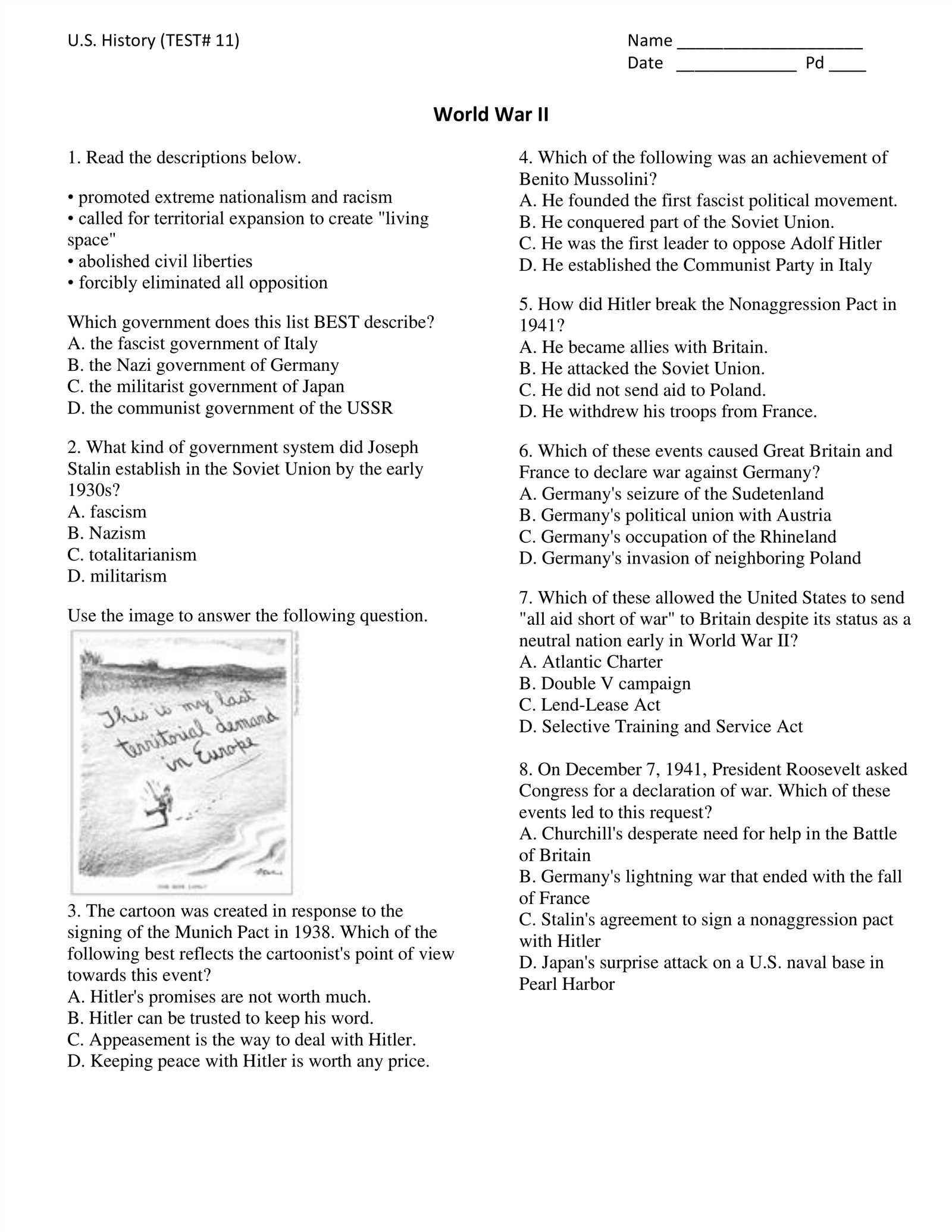 world war 2 exam answers