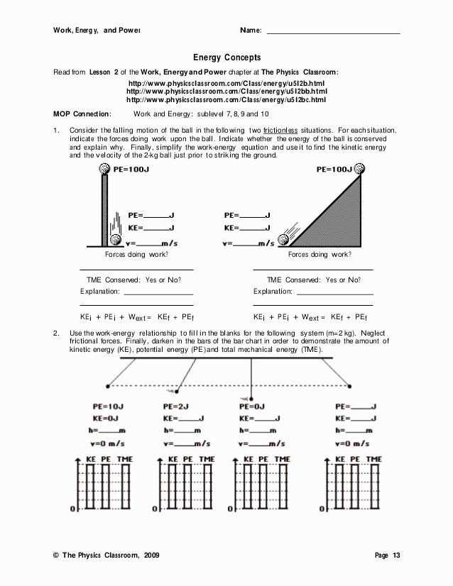 energy concepts worksheet answers