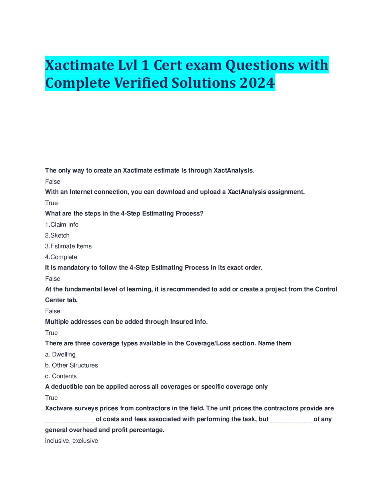 xactimate level 2 exam answers