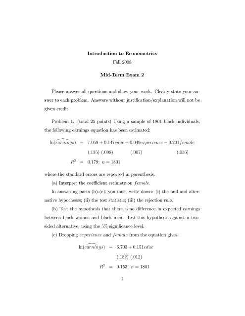 introduction to econometrics exam questions and answers