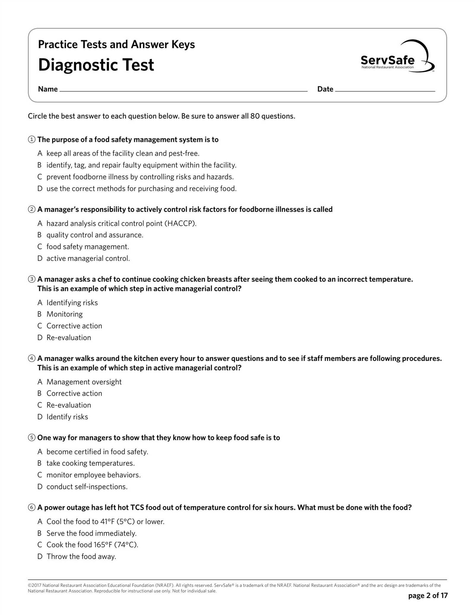 servsafe practice test answer key 2025