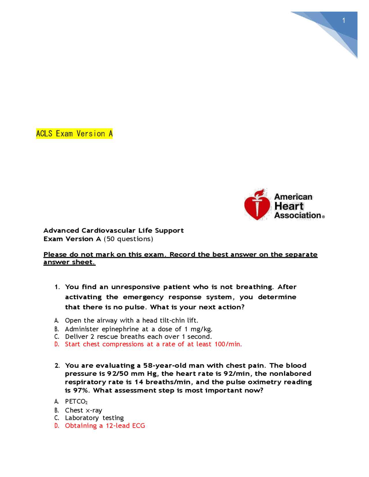 acls written test answers 2025