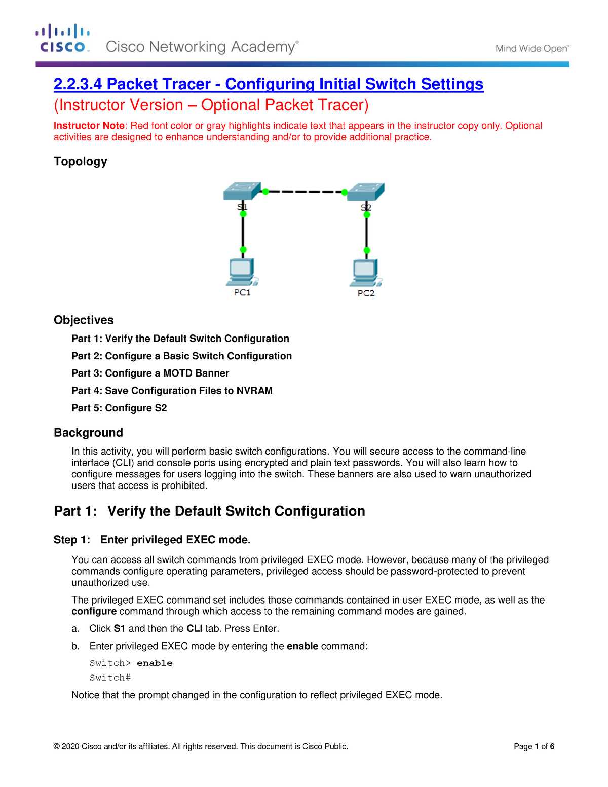 packet tracer configuring initial switch settings answers