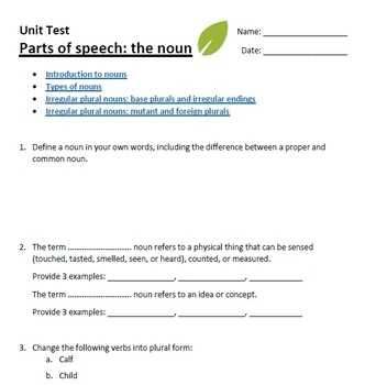 unit 1 parts of speech answer key