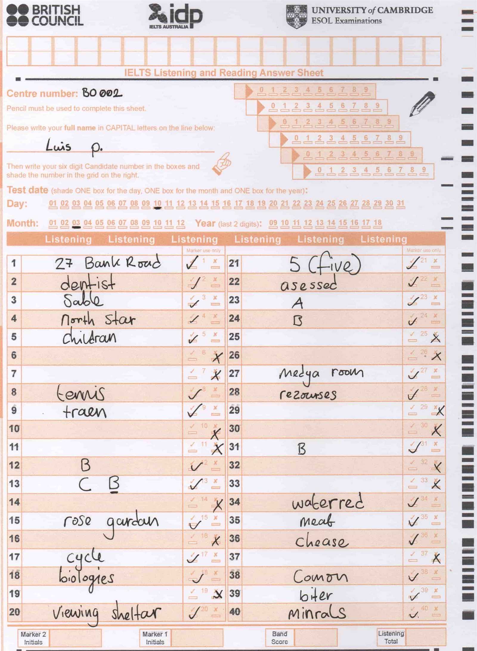 ielts exam answer sheet