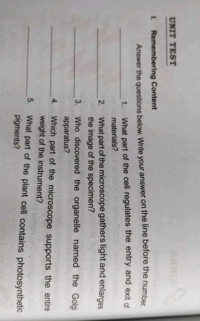 cell unit exam answers