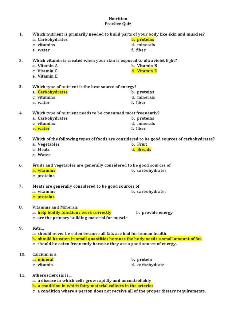 nutrition exam questions and answers