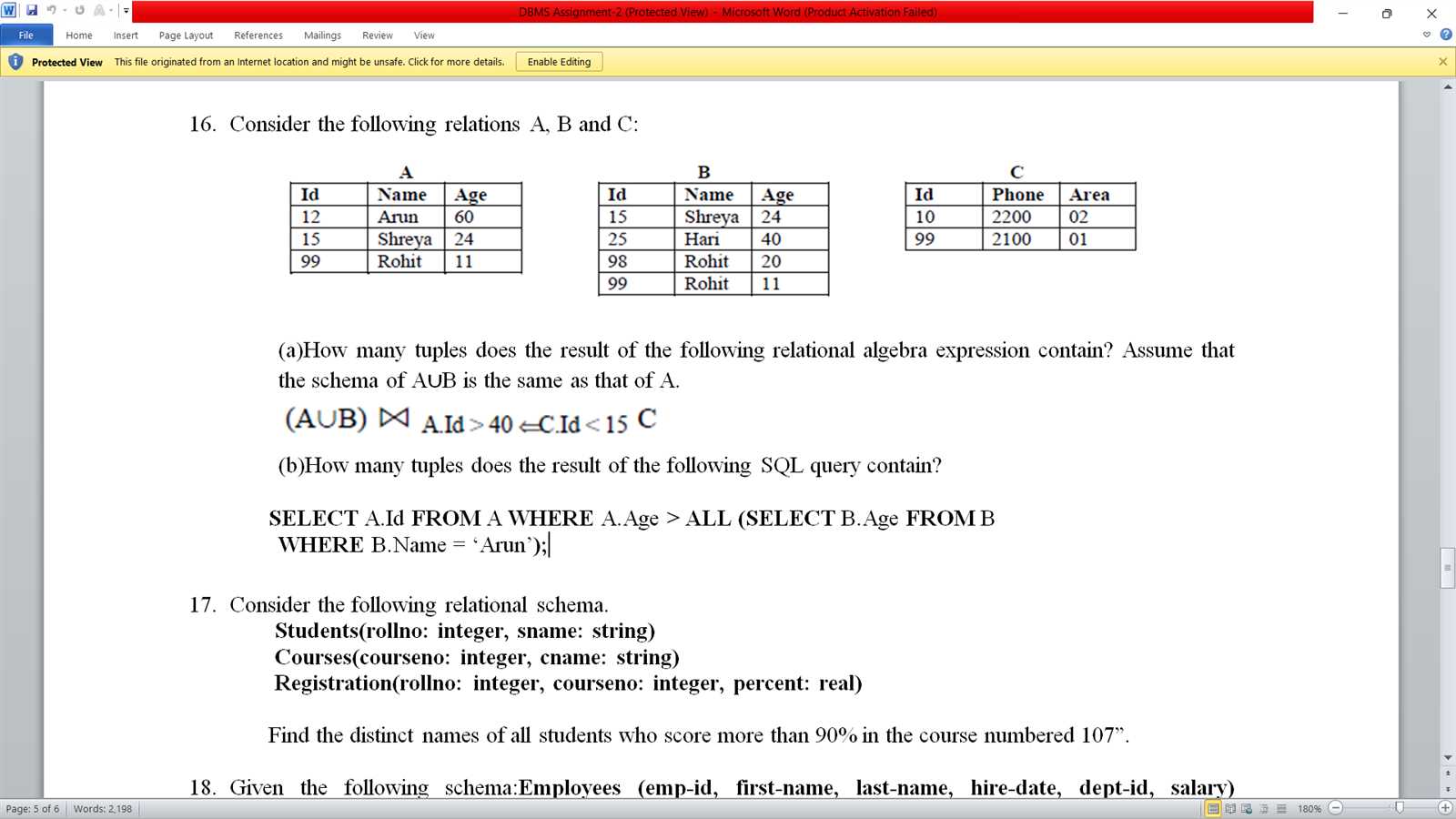 relational algebra exam questions and answers