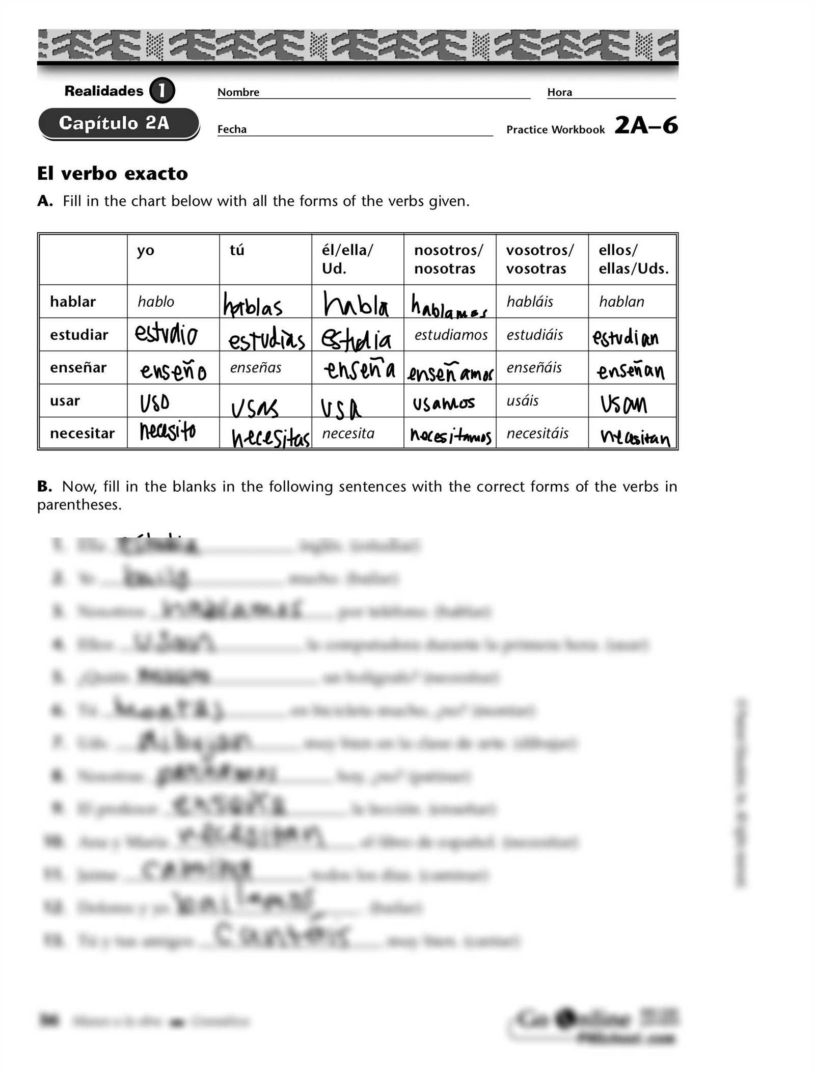 realidades 2 capitulo 1b practice workbook answers