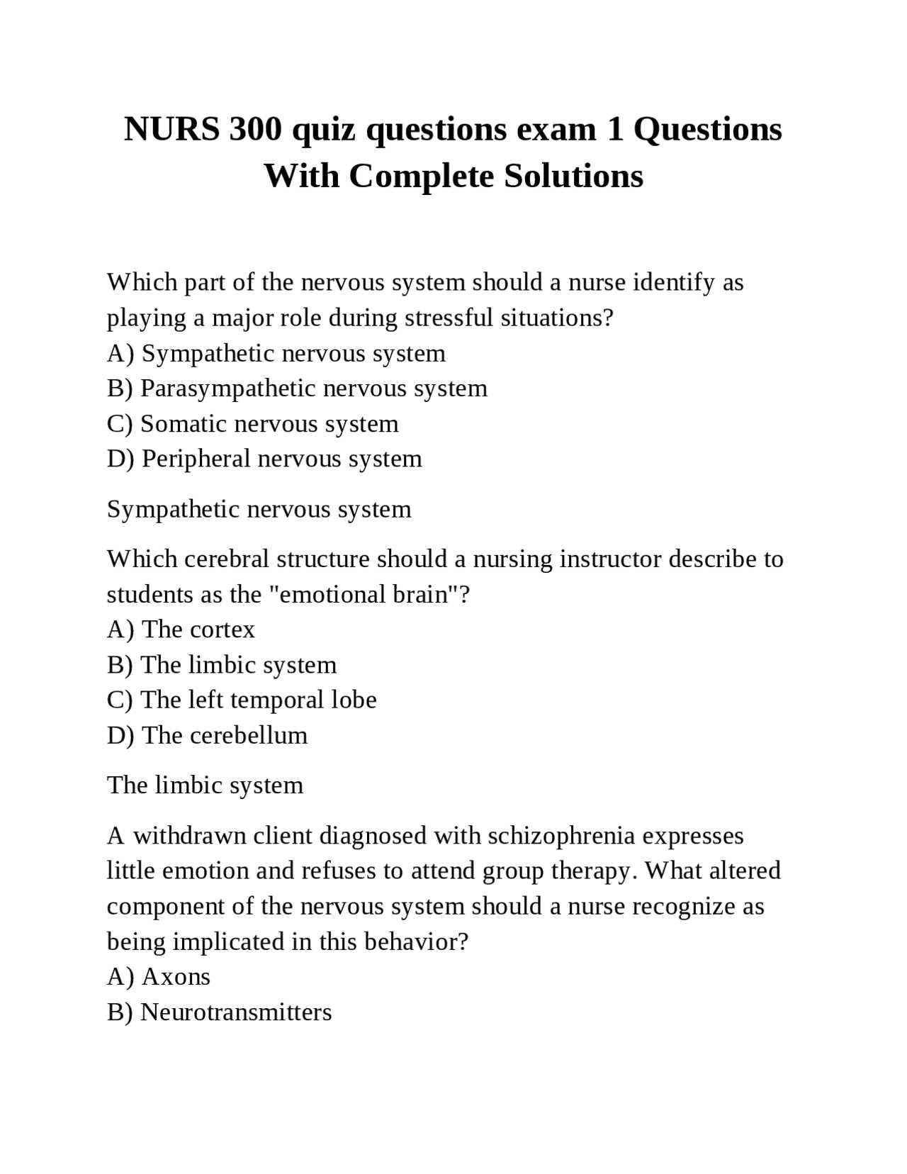 nervous system exam questions