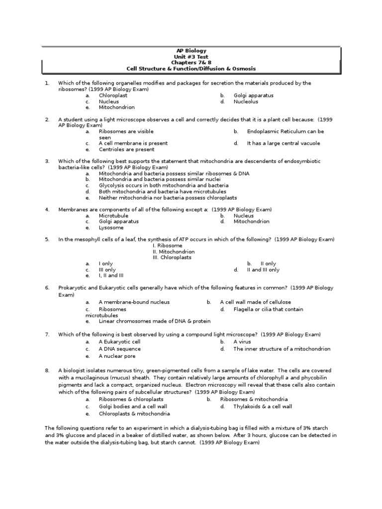 cell unit exam answers