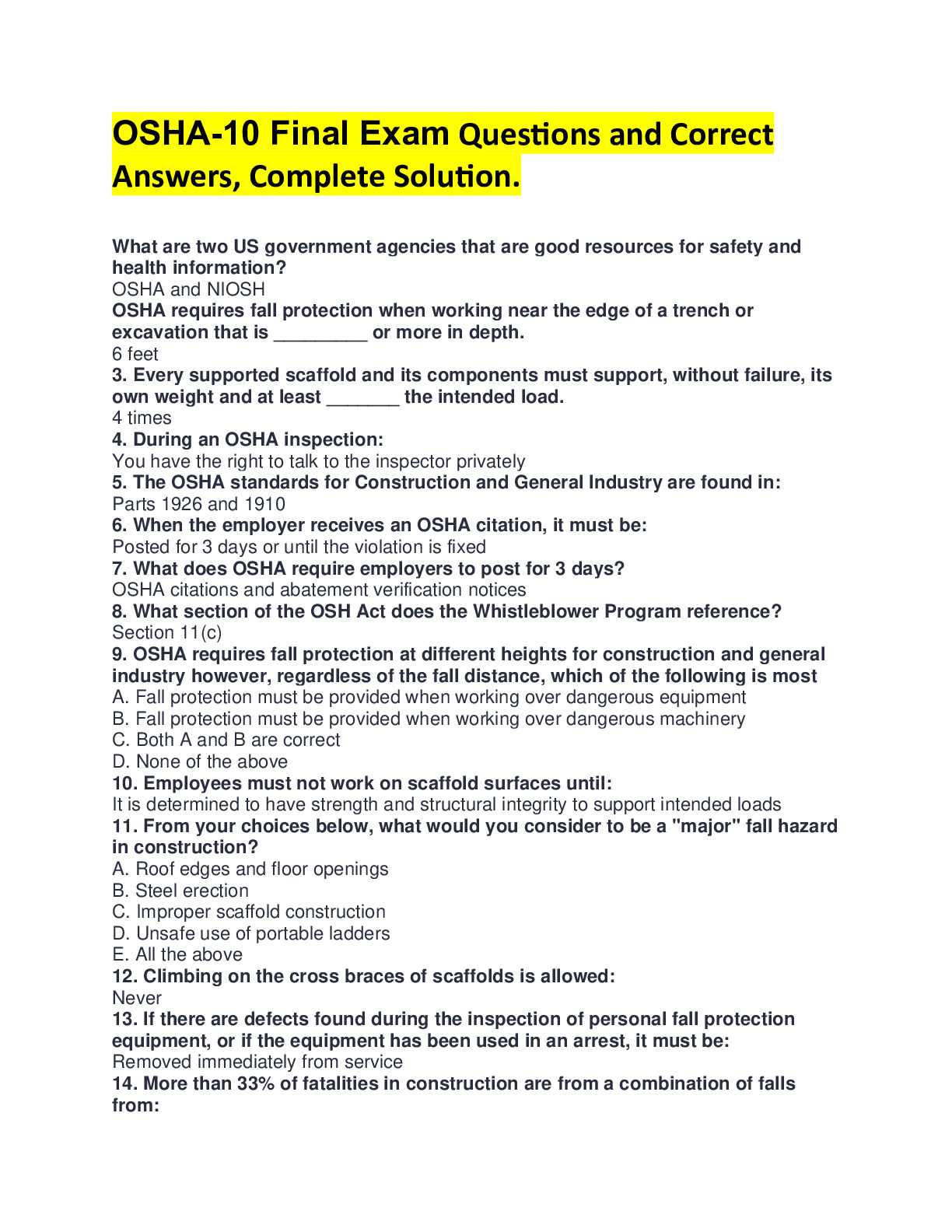 osha 10 hour final exam answer key