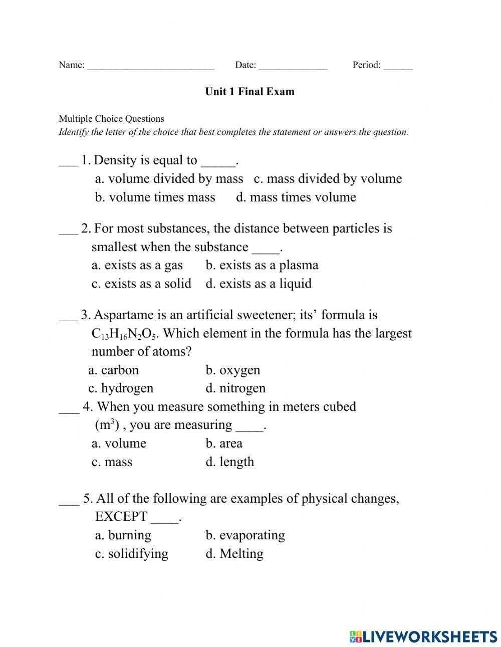 physical science final exam multiple choice