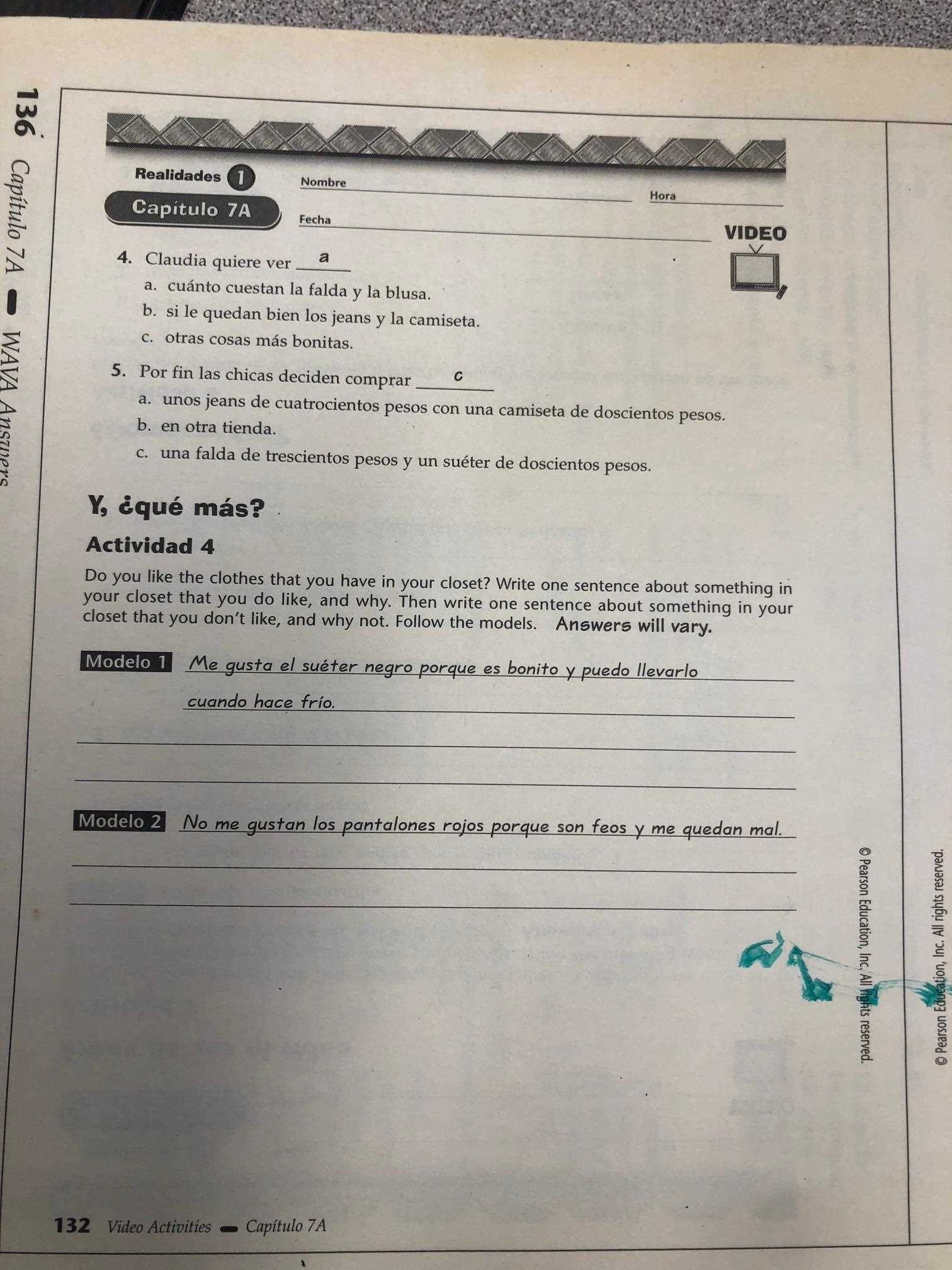 realidades 2 examen del capitulo 4b answers