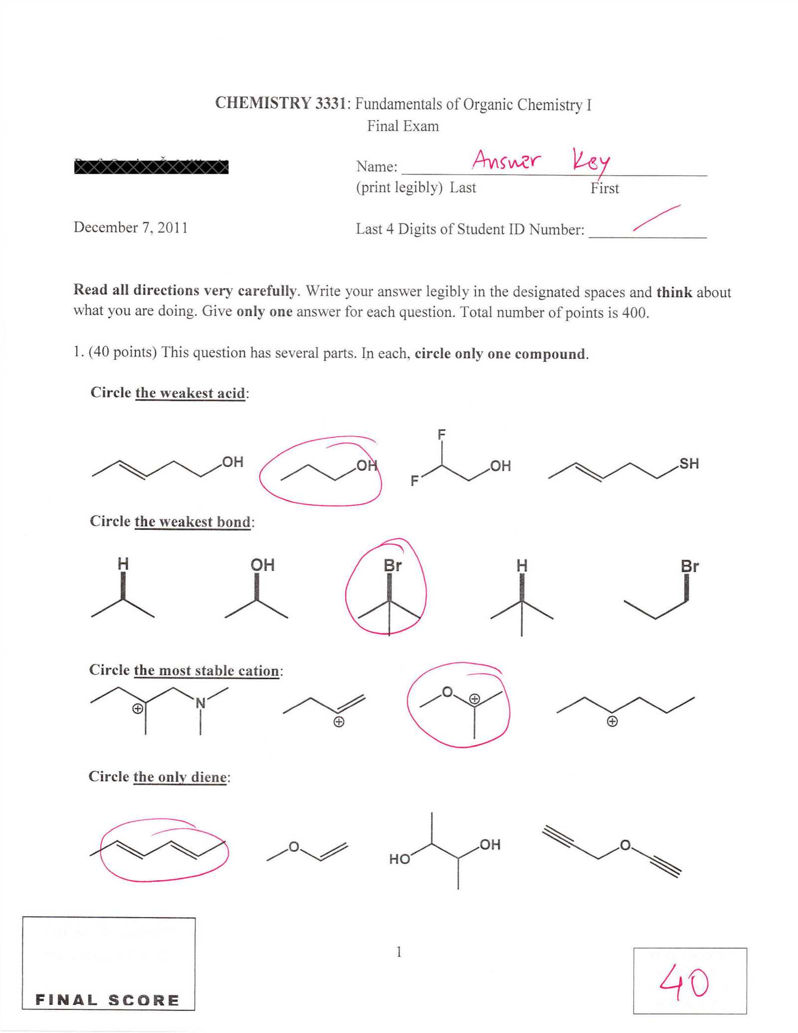 organic chemistry final exam answer key