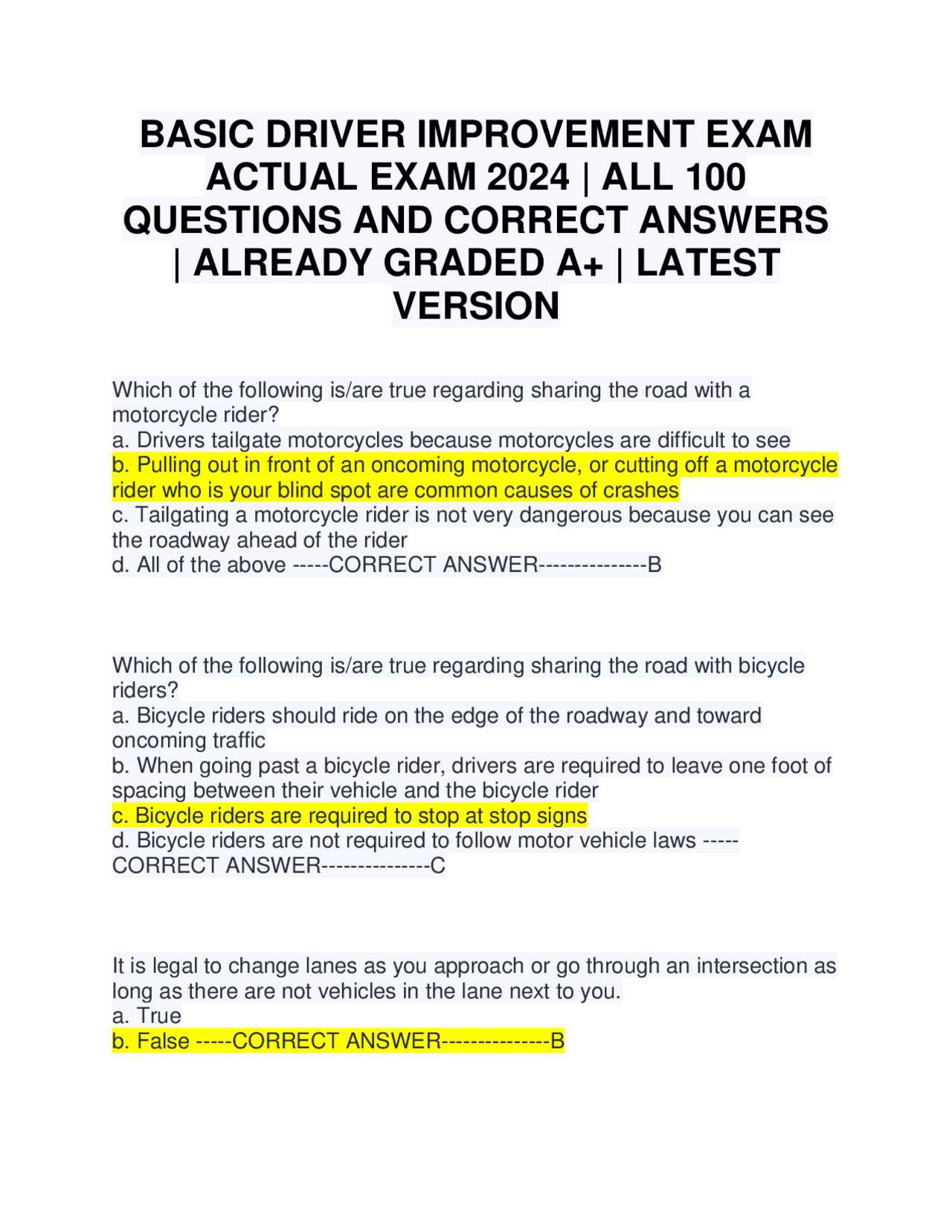 driver improvement final exam answers