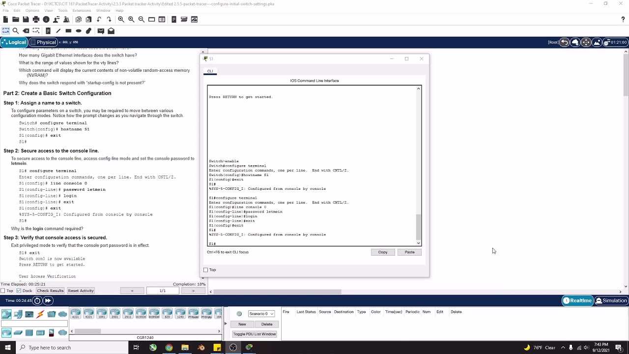 packet tracer configuring initial switch settings answers