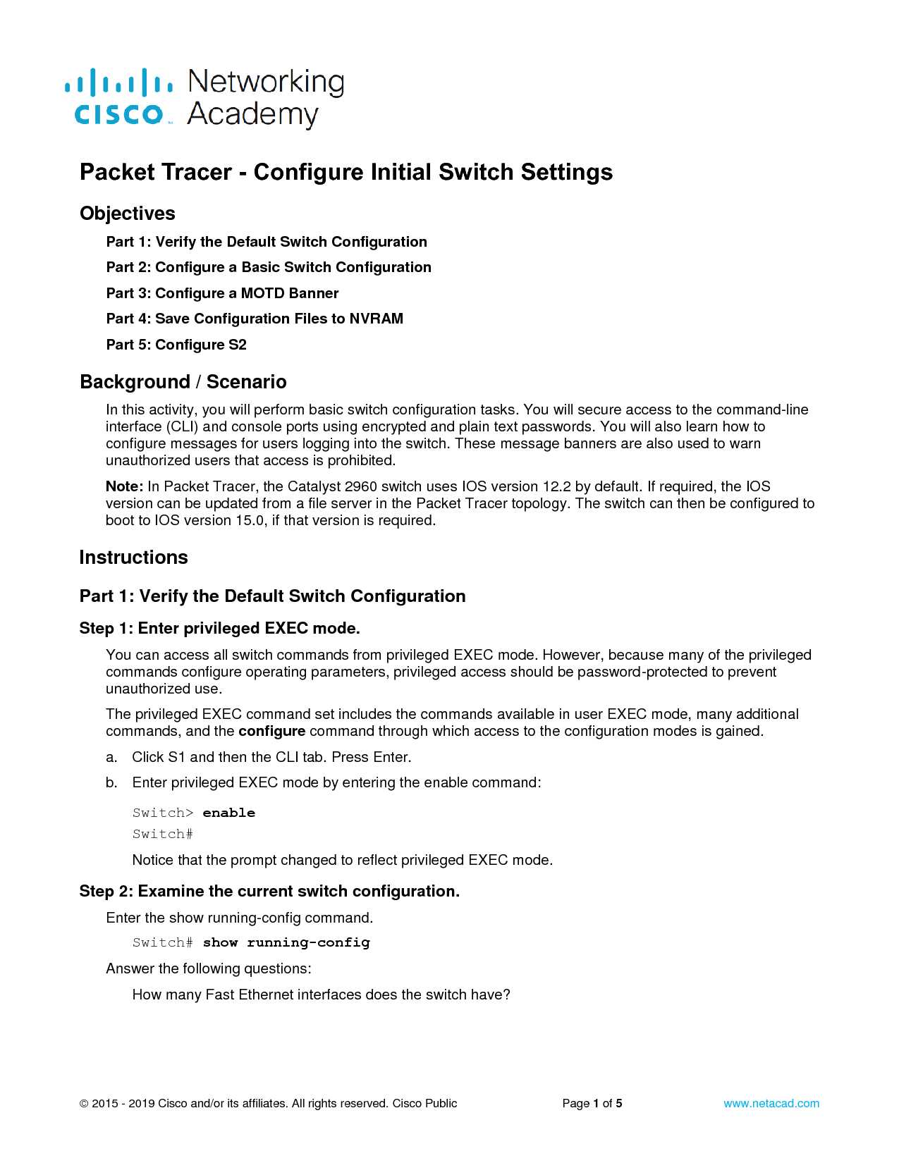 packet tracer configuring initial switch settings answers