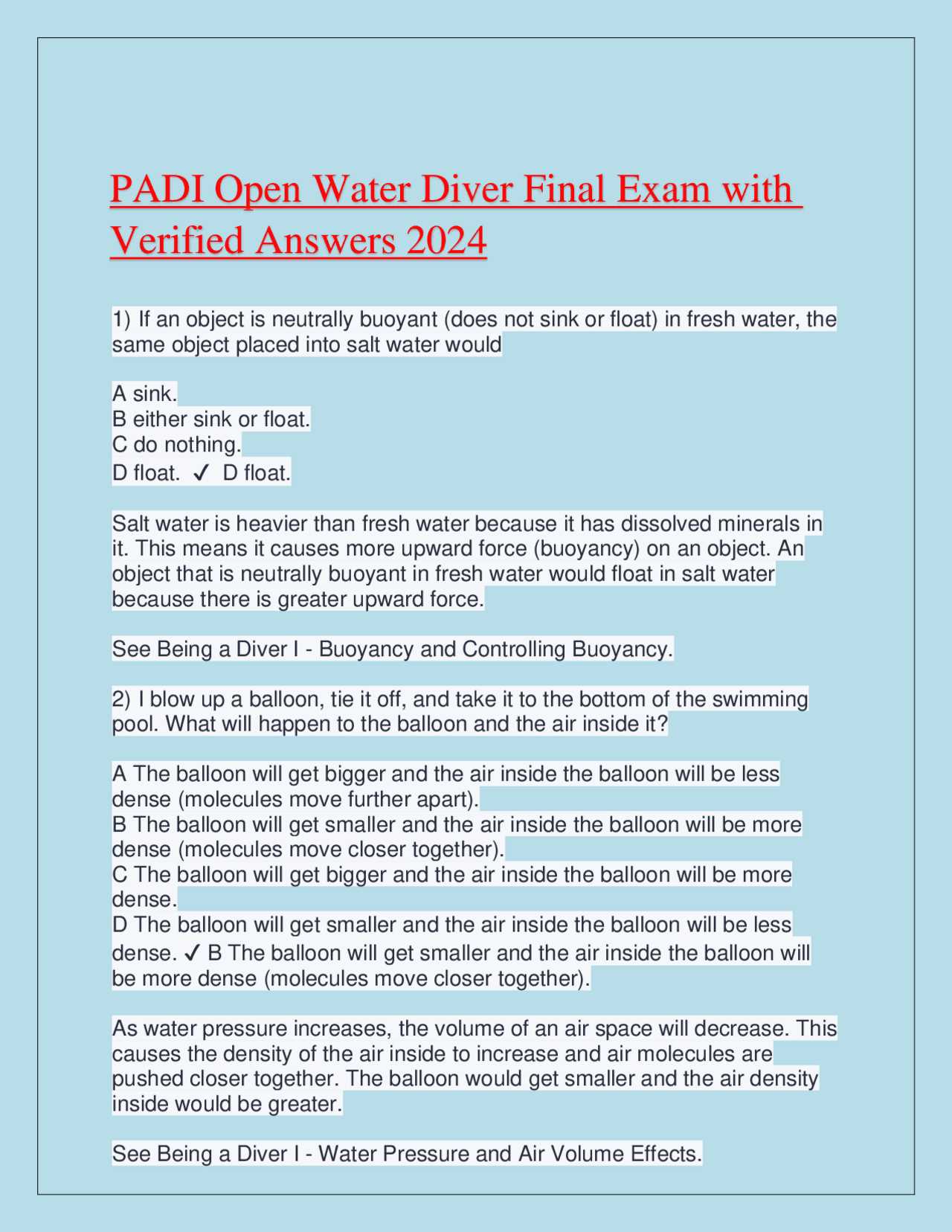 padi exam open water answer