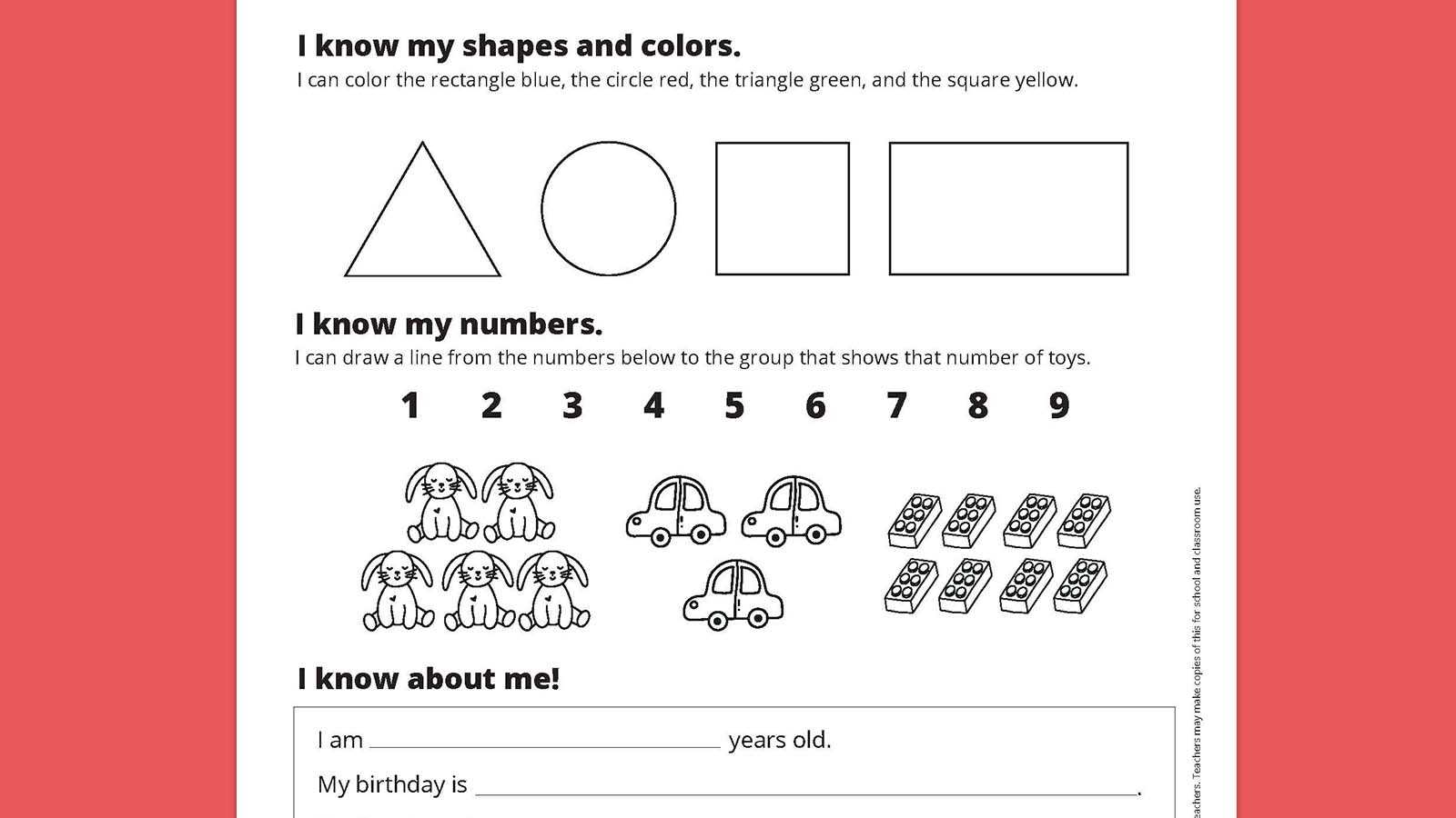 kindergarten entrance exam worksheet