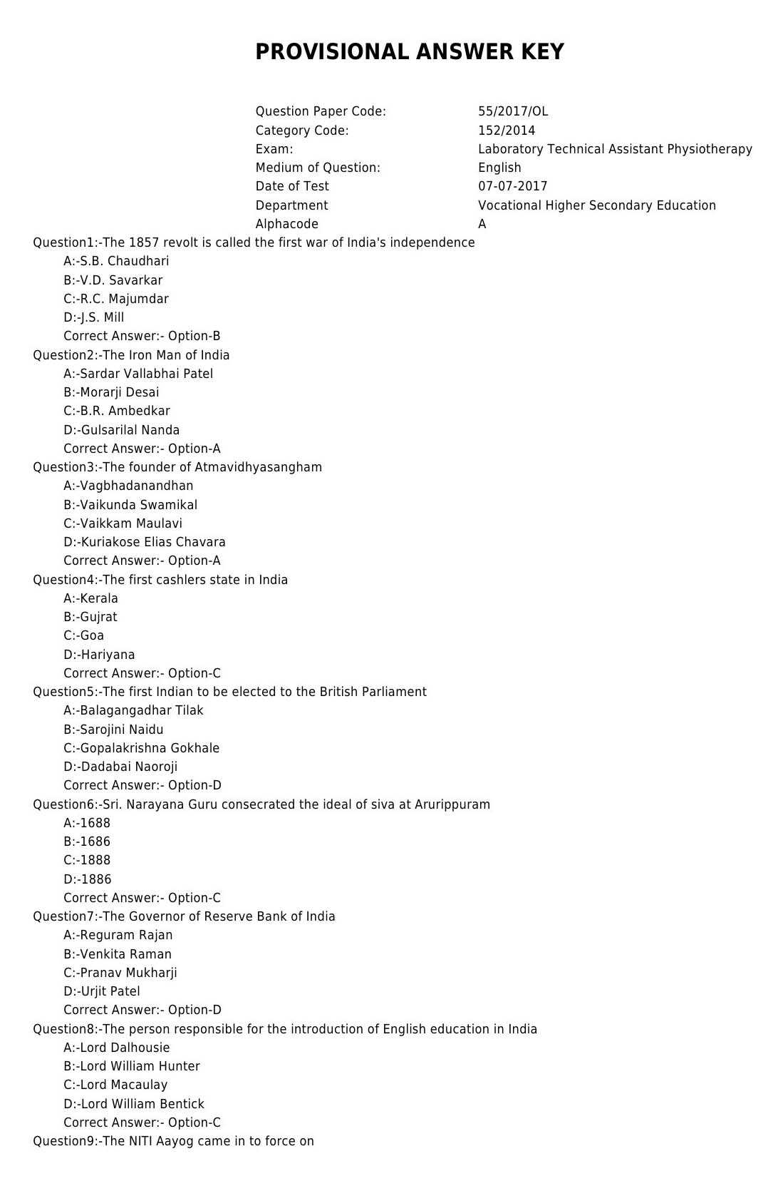 physiotherapy psc exam questions and answers