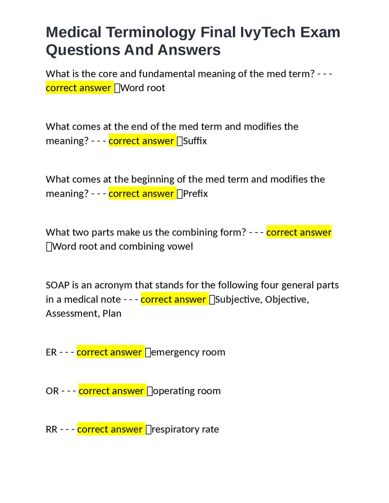 medical terminology final exam questions and answers