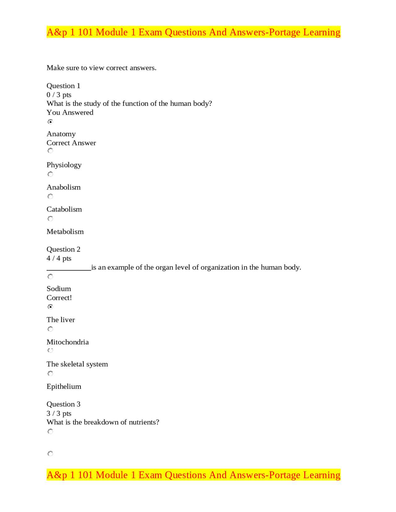 portage learning exam answers anatomy and physiology