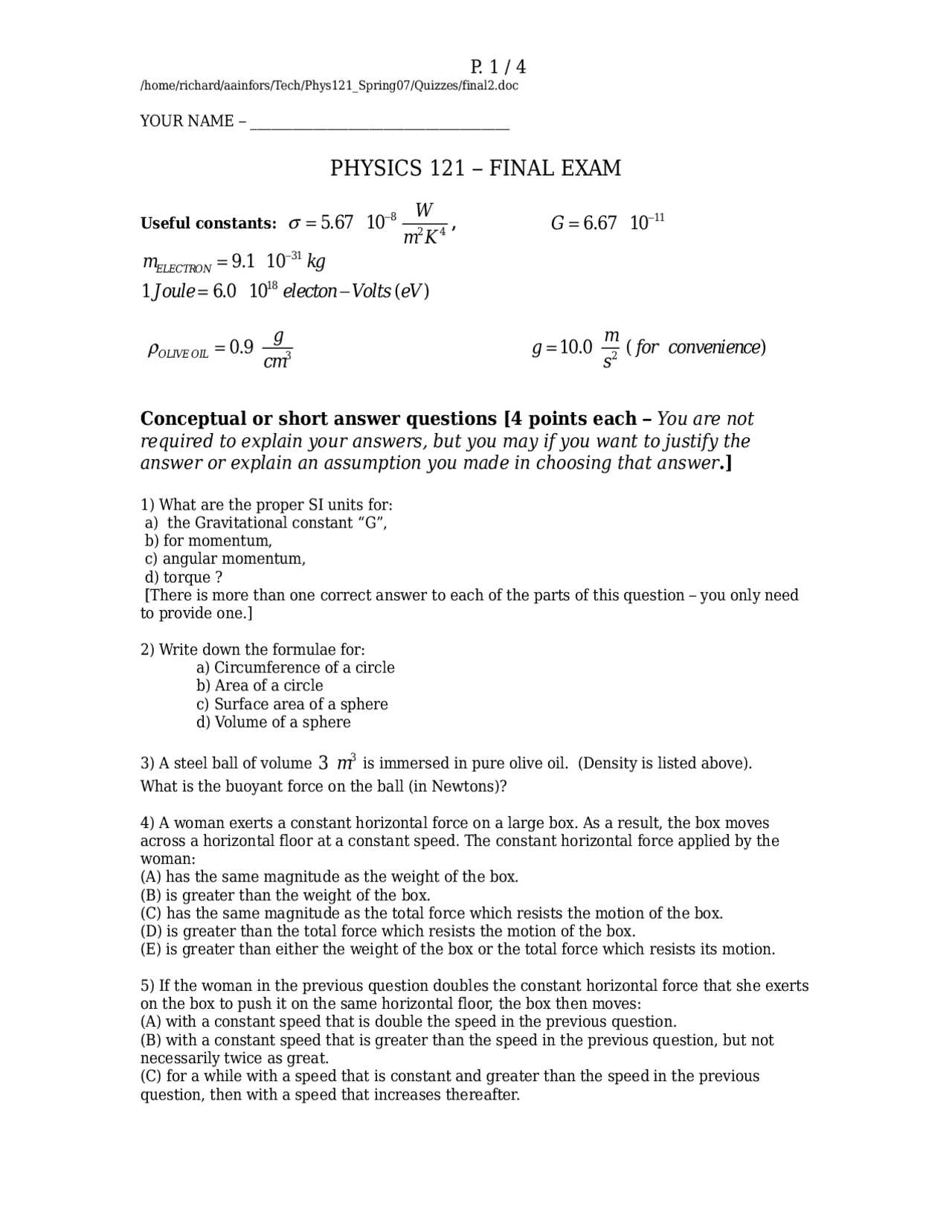 physics final exam cheat sheet