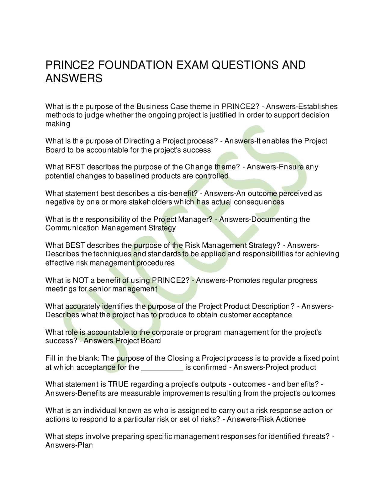 prince2 foundation exam answers