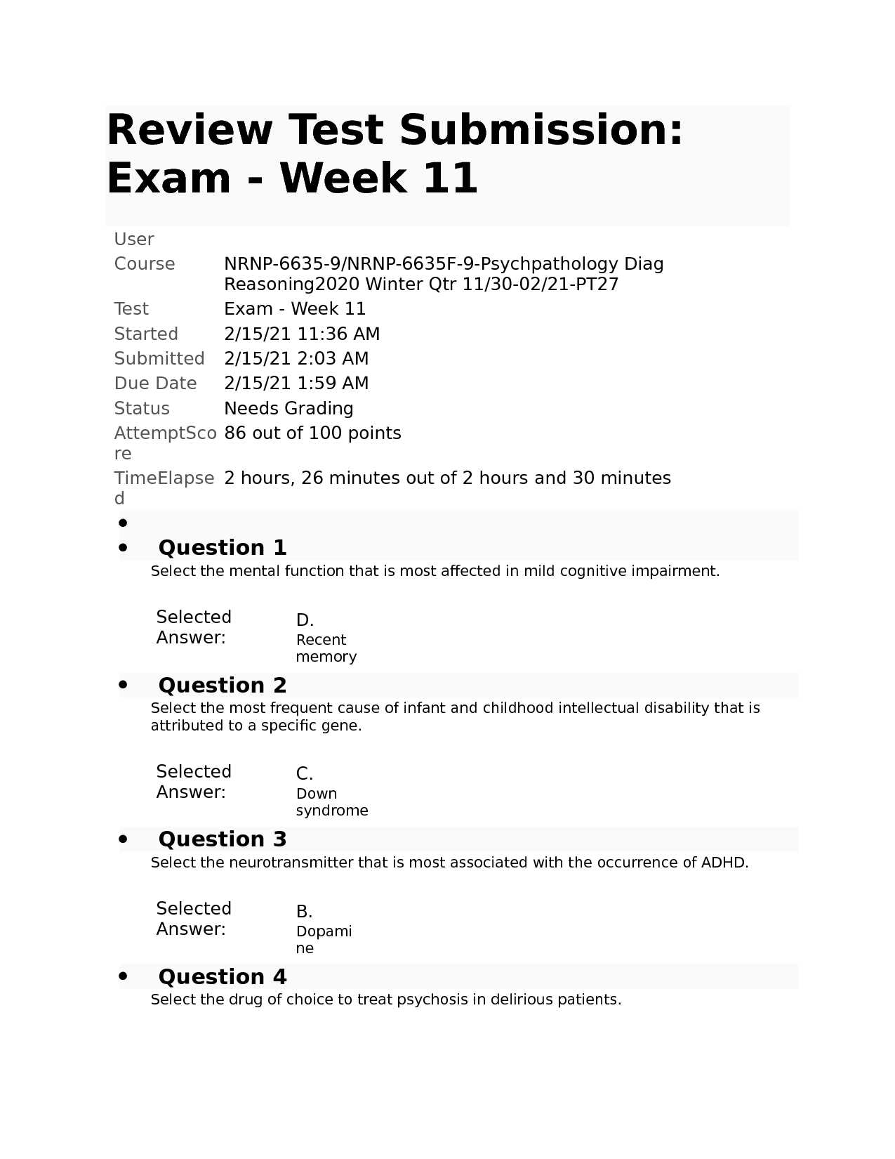 psychopathology exam questions and answers