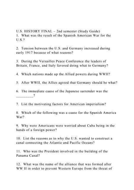 u.s. history semester 2 final exam answers