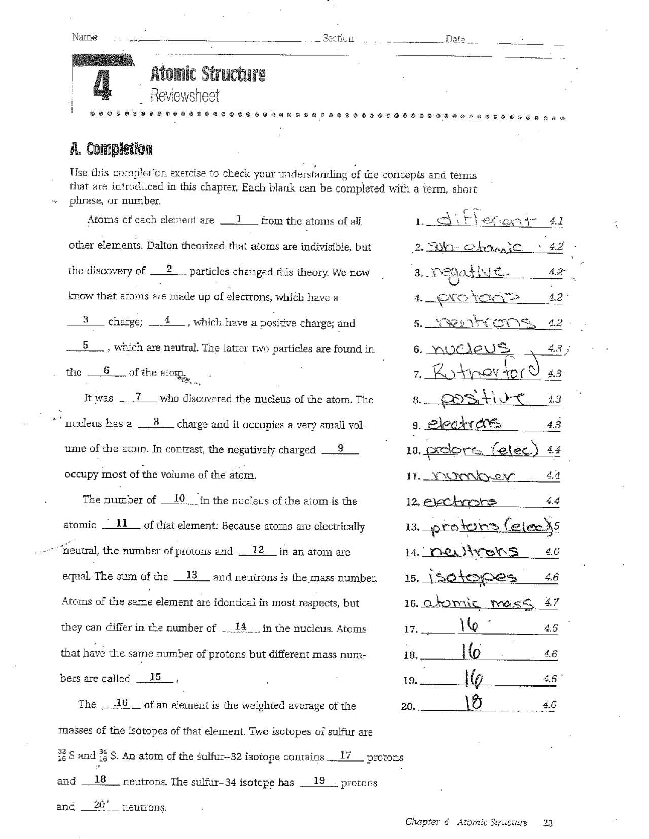 atomic theory exam answers