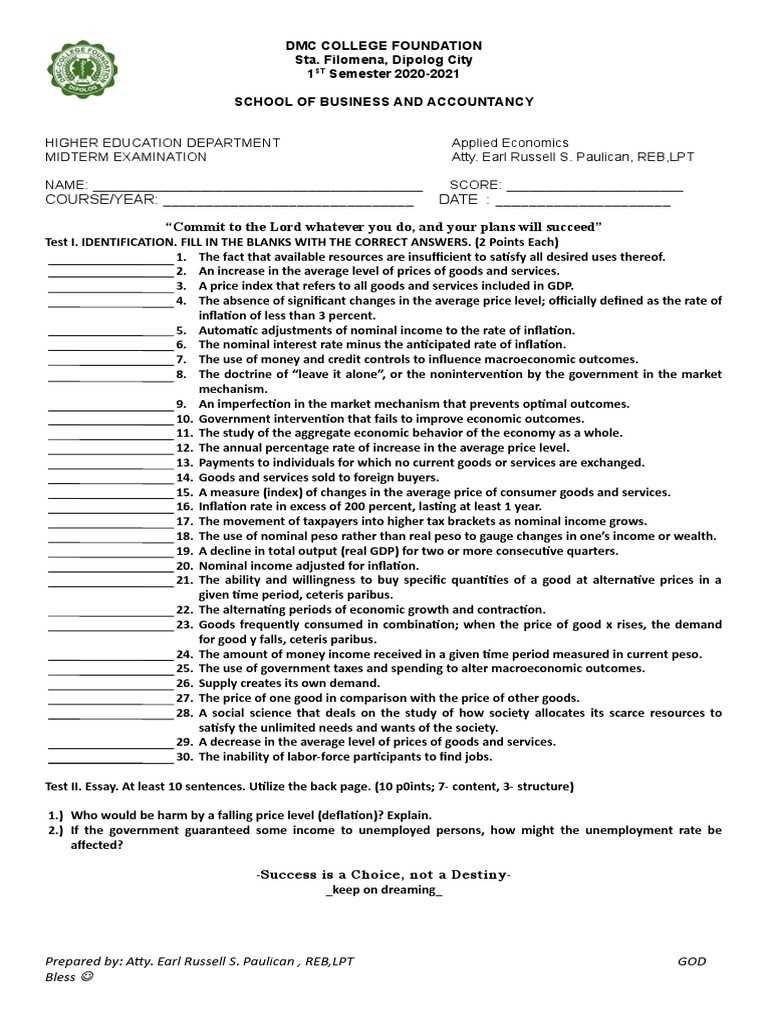 macroeconomics midterm exam with answers